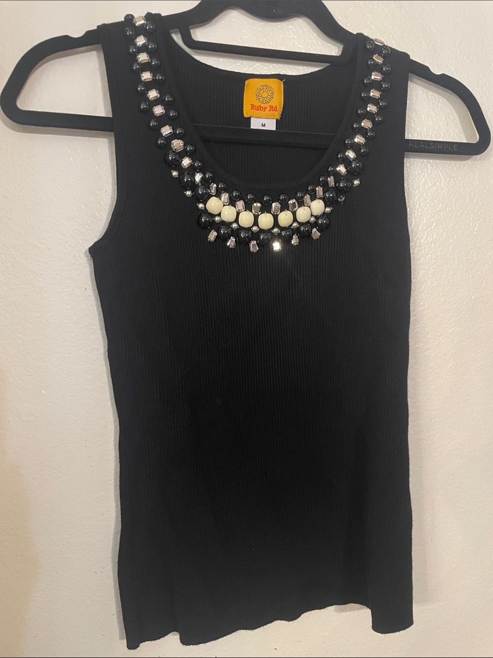 Ruby Rd. Black Ribbed Tank with Beaded Neckline